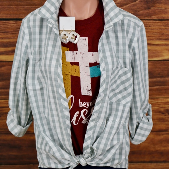 Sage Gingham Button Down Shirt - Picture 3 of 4